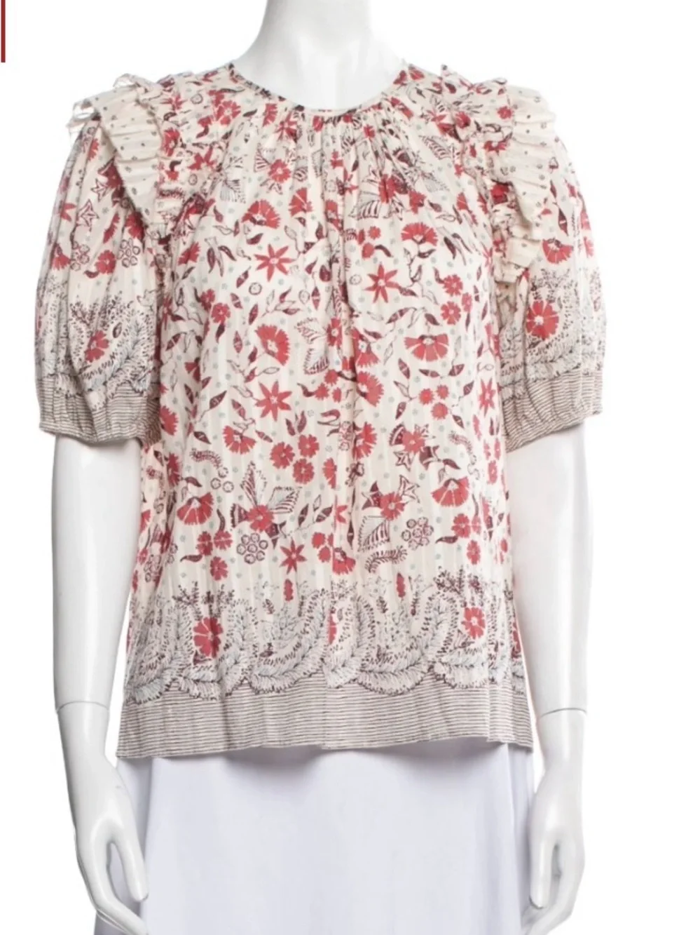 Ulla Johnson Cream Blouse with Coral Floral Print and Ruffled Shoulders